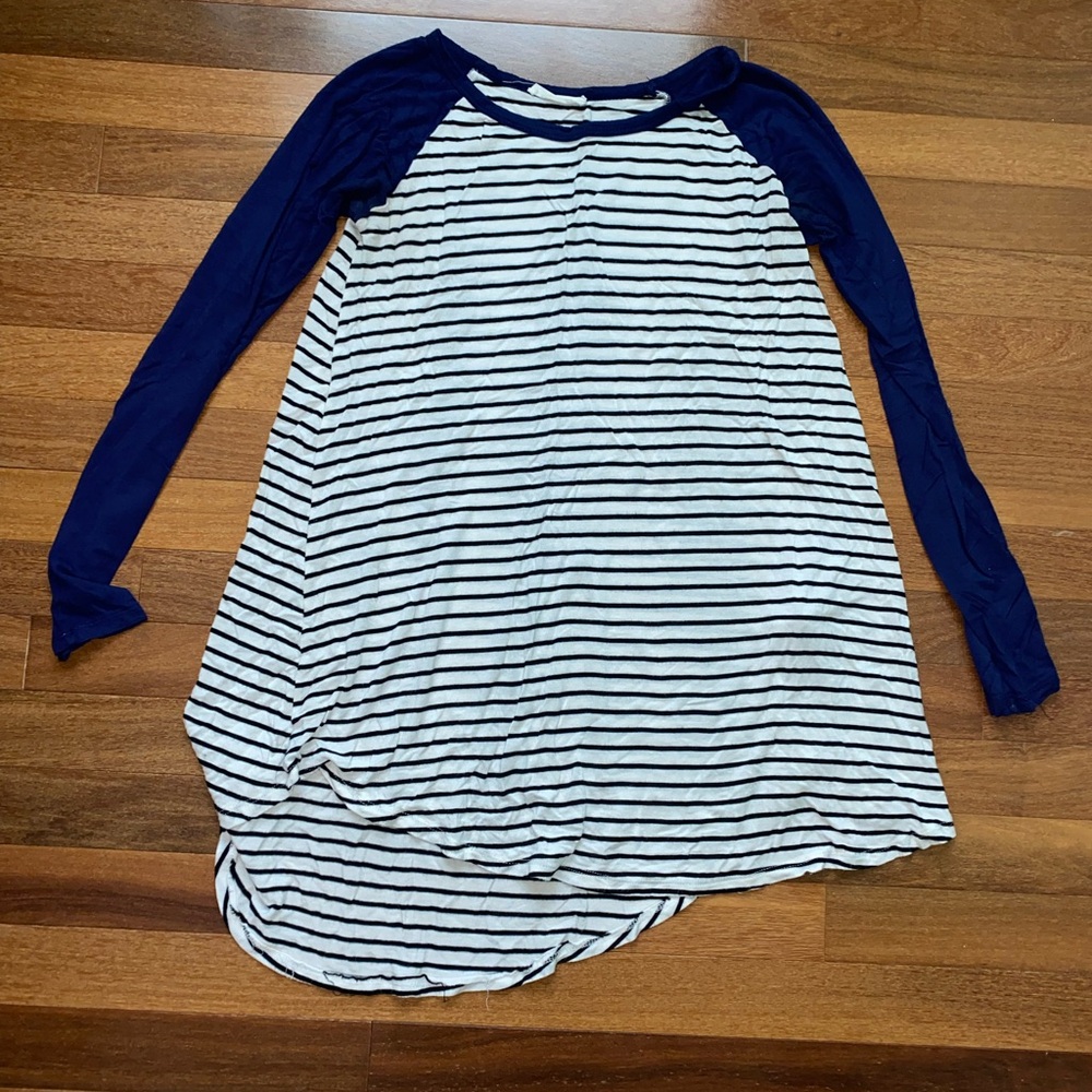 Reborn J, black and white striped long sleeve tunic with navy blue sleeves
